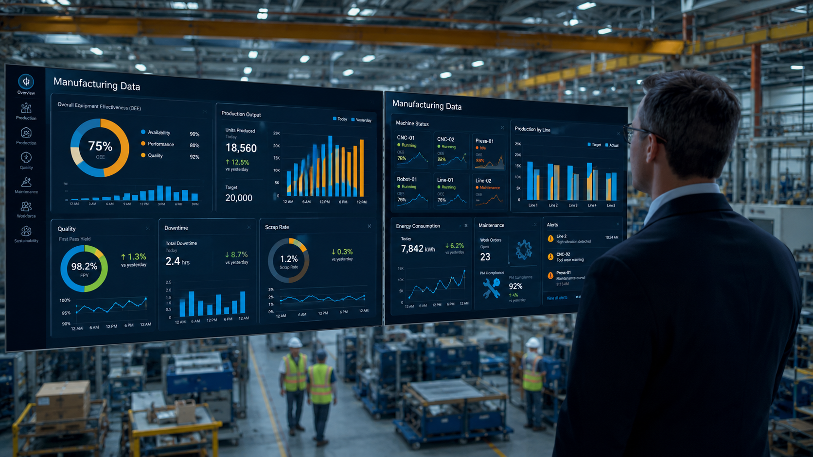 A man looking at a digital screen with operational analysis on it